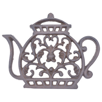 Decorative Cast Iron Trivet, Ornate Tea Kettle, 7.25" Wide