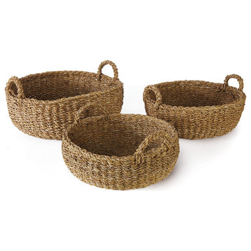 Seagrass Shallow Baskets With Handles, Set of 3
