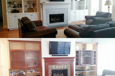 Family room Builtin Cabinet Makeover and tile surroud!!