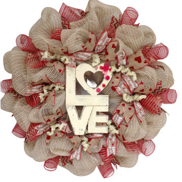Valentines Day Wreath Love Button Natural Burlap Handmade Deco Mesh