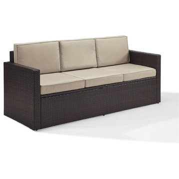 Pemberly Row Wicker Patio Sofa In Brown with Sand Cushions