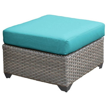 Bowery Hill Transitional Resin Wicker/Fabric Patio Ottoman in Turquoise Blue