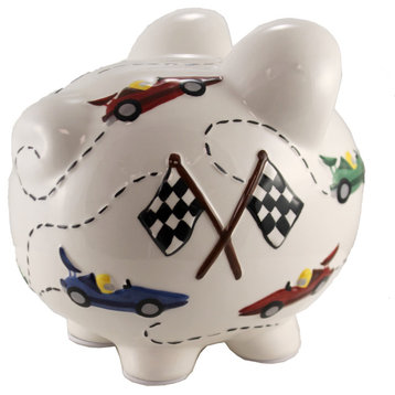 Bank Vroom Race Car Piggy Bank Ceramic Speedway Checkered Flag 36912.
