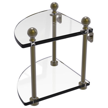 Mambo 2 Tier Corner Glass Shelf, Antique Brass