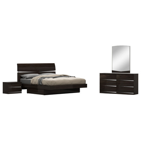 Gia Wood Platform Bed Dresser, Mirror & Nightstand, Gloss Wenge, Eastern King