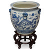 16" Blue and White Porcelain Imperial Dragon Chinese Fishbowl Planter, With Stand