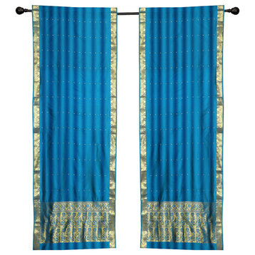 2 Lined Boho Blue Indian Sari Curtains Rod Pocket Window Drapes -43W x 84L