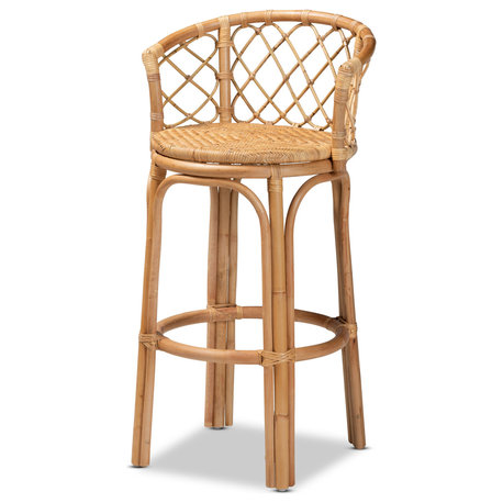 Steele Modern Bohemian Rattan Collection, Natural Brown, Bar Stool