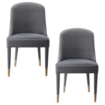 Gray Velvet Curved Back Dining Chair Armless Bronze Legs Modern, Set of 2