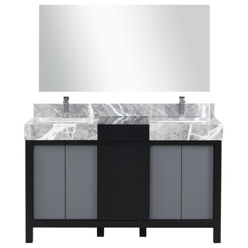 Zilara 55" Black Double Vanity, Gray Marble Tops, Sinks, Chrome Faucet, Mirror