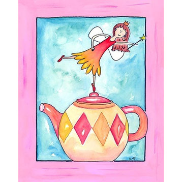Harlequin Teapot Fairy with Pink Border, Ready To Hang Canvas Kid's Wall Decor
