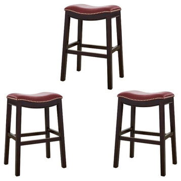 Home Square 3 Piece Saddle Faux Leather Counter Height Barstool Set in Red