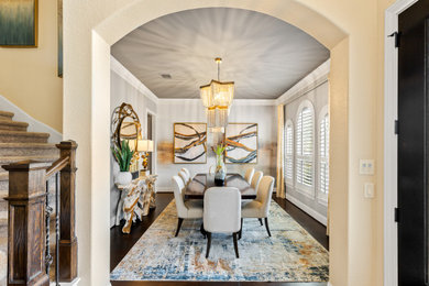 Inspiration for a mid-sized transitional dark wood floor and wallpaper kitchen/dining room combo remodel in Houston with gray walls