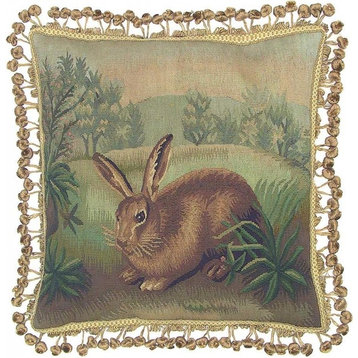 Aubusson Rabbit Throw Pillow 20"x20" Green/Brown Handwoven Wool