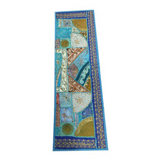 Mogul Interior - Consigned Antique Fabric, Sari Blue Patchwork Sequin Embroidered Tapestry - Table Runners