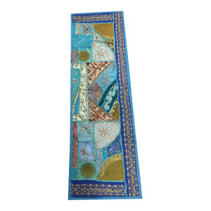 Mogul Interior - Consigned Antique Fabric, Sari Blue Patchwork Sequin Embroidered Tapestry - Tapestries