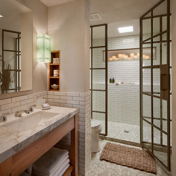 Modern Wood and White Tile Bathroom