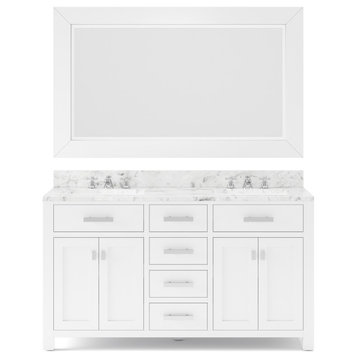 Madison Pure White Bathroom Vanity, 60", One Mirror, Two Faucets