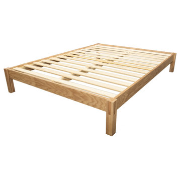 Unique Full Platform Bed, Southern Yellow Pine Slats Support, Natural Brown