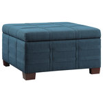 OSP Home Furnishings - Detour Strap Square Storage Ottoman, Azure Fabric - Add the finishing touch to any room with our Detour Storage Ottoman. Classic style with double stitch, strap detail provides a tailored classic look. Thick padding all around makes this an ideal place to kick your feet up and relax. The lid glides open easily to reveal fully lined storage and a sliding accessory tray, perfect for storing TV remotes and viewing guides. Place in front of a sofa to create an inviting coffee table scenario. Arrives fully assembled.