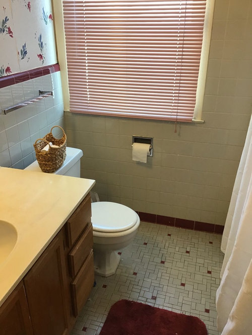 bathroom refresh with gray and maroon tile