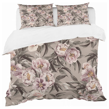 Pink Pansies and Peonies Floral Duvet Cover Set, Twin
