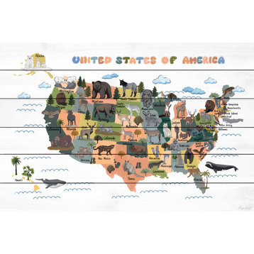 "Colorful US Animals Map" Painting Print on White Wood, 12x8