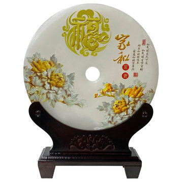 Chinese Natural Stone Round Fok Harmony Flowers Calligraphy Display Hws3181