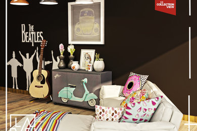 Inspiration for a small modern laminate floor and brown floor living room remodel in Other with a music area and black walls