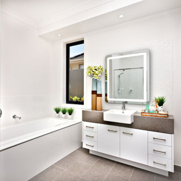 Modern Master Bath with Rounded Corner Lighted Mirrors