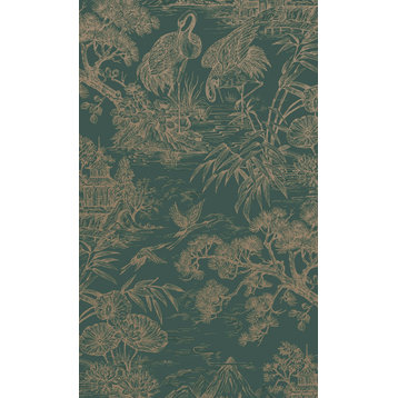 Majestic Crane Tropical Print Textured Wallpaper 57 Sq. Ft., Aqua Gold, Sample