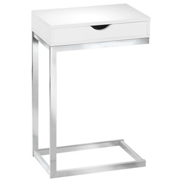 Side Accent Table - Chrome Metal / Glossy White With A Drawer