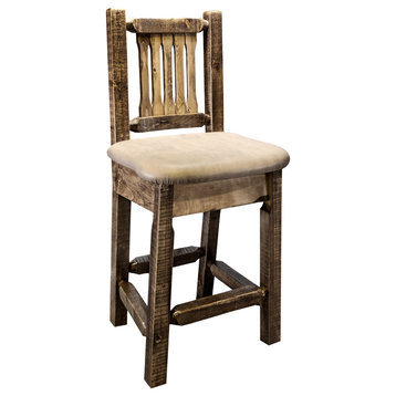 Homestead Bar Stool With Back, Buckskin Upholstery, Stain and Lacquer Finish