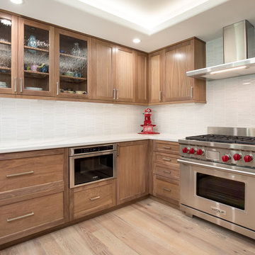 Transitional Open Kitchen with Natural Walnut Cabinetry