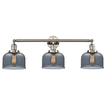 Large Bell 3-Light Bath Fixture, Polished Nickel, Glass: Plated Smoked