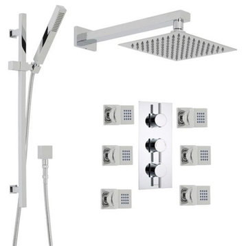 Royal Chrome Square Rain Shower Head System With 6 Body Massage Shower Jets