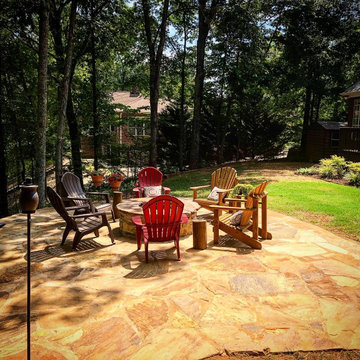 Flagstone patio and Moss rock Wall