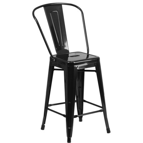 Commercial Grade 24"High Black Metal Indoor-Outdoor Counter Height Stool, Back