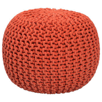Handmade & Handcrafted Premium Cotton Round Knitted Cable Style Pouf Red