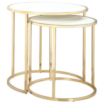 Set of 2 Nesting Side Table, Golden Metal Base With Round PU Leather Top, Cream