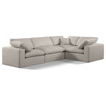 Meridian Furniture - Comfy Upholstered L-Shaped Modular Sectional, Beige, 4-Piece: 1 Armless Chair, 3 Corner Chair, Linen Textured Fabric - Give your space a whole new look with this beige Comfy linen textured fabric sectional. This handsome sectional fits nicely with other items in the Comfy collection and is a versatile seating option designed for adaptability, comfort and style. Wrapped in rich beige durable linen textured fabric upholstery, this sectional offers a plush embrace of overstuffed down feather cushions, carefully crafted to deliver the highest level of comfort. The perfect seat for creating an oasis for relaxation, this sectional has thick foam surrounding its frame for added support and coziness.