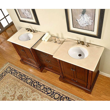 87 Inch Walnut Double Sink Bathroom Vanity, Marble Top, Traditional