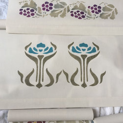 Grape and Two Iris Stencils on old fashioned roller shades - Home Improvement