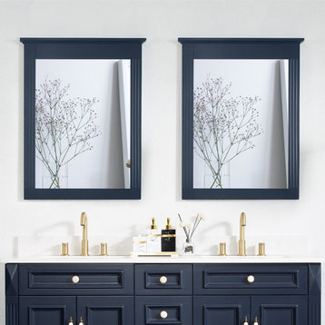 2Pcs Wall Mount Bathroom Solid Wood Mirror, 26" x 33" HD Vanity Mirror, Navy Blue