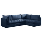 Meridian Furniture - Jacob Velvet Upholstered 4-Piece L-Shaped Modular Sectional, Navy - Create the ideal seating arrangement for your space when you pick and choose the elements you like mostincluding this Jacob velvet modular sectional. Mix and match items in the Jacob collection to bring your living space or family room together with a personalized slant. Soft navy velvet upholstery is soft and welcoming to the touch, adding a luxurious feel to everyday seating. Deep channel tufting adds to the piece's durability, and latches underneath the unit make it easy to attach to other pieces in the collection.