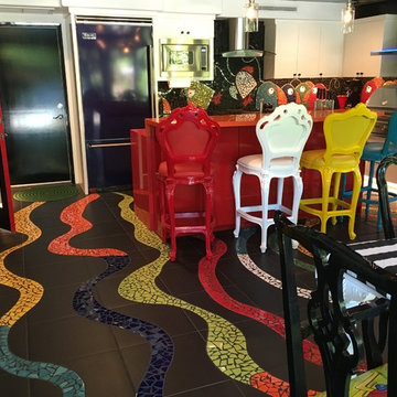 Mosaic Tile Ribbon Floor, Quartz Bar Countertop