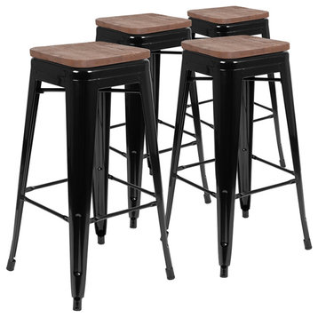 30" High Metal Indoor Bar Stool with Wood Seat - Stackable Set of 4, Black