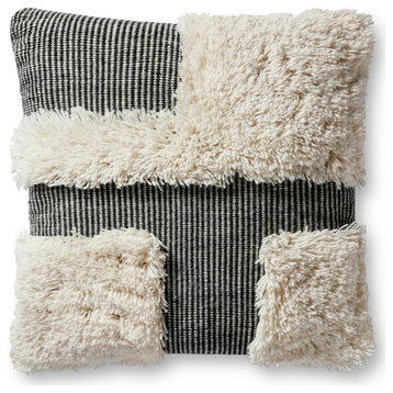 Ivory/Black 22"x22" Hand Woven Texture Heavy Shag Accent Pillow