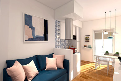 Esempio di un piccolo soggiorno minimalista aperto con pareti bianche e parquet chiaro