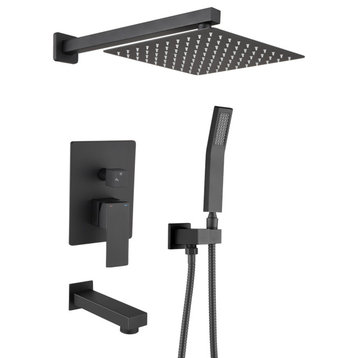 12" Wall Mounted Rainfall Shower System With Tub Spout, Matte Black